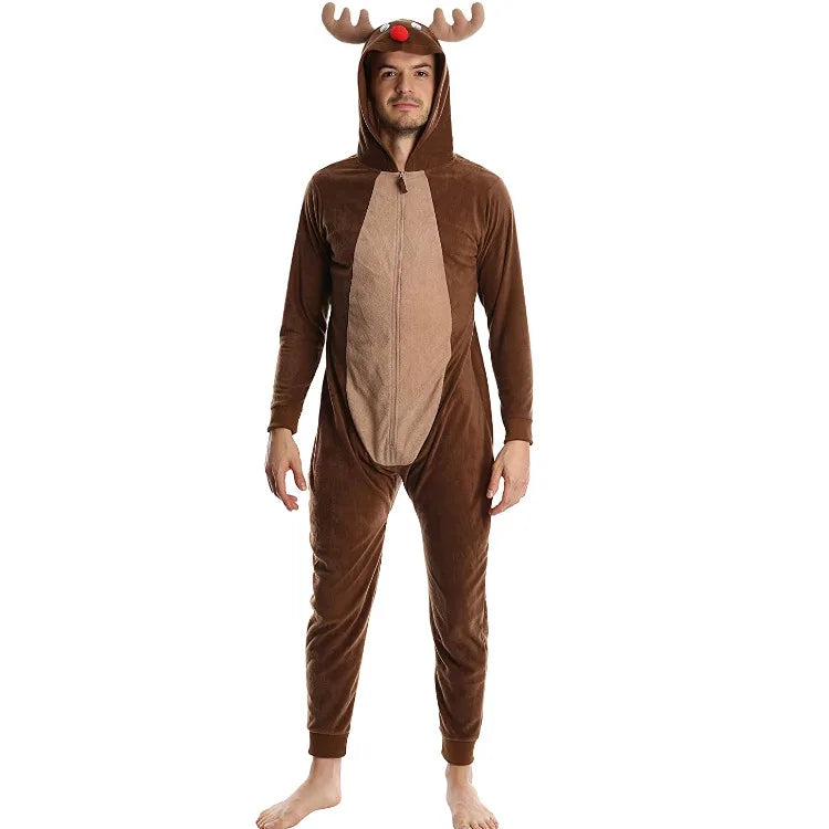 Brown Cartoon Deer Breathable Thermal Jumpsuit for Men Christmas Party Onesie Coral Fleece Customized Logo