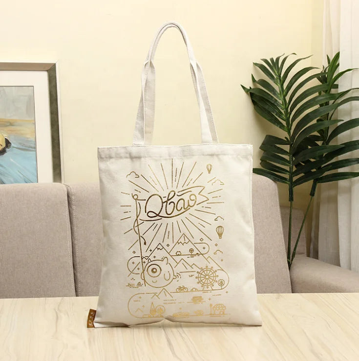 Custom Eco-Friendly Gold Foil Stamp Logo Recyclable Cotton Canvas Carry Bag for Promotion