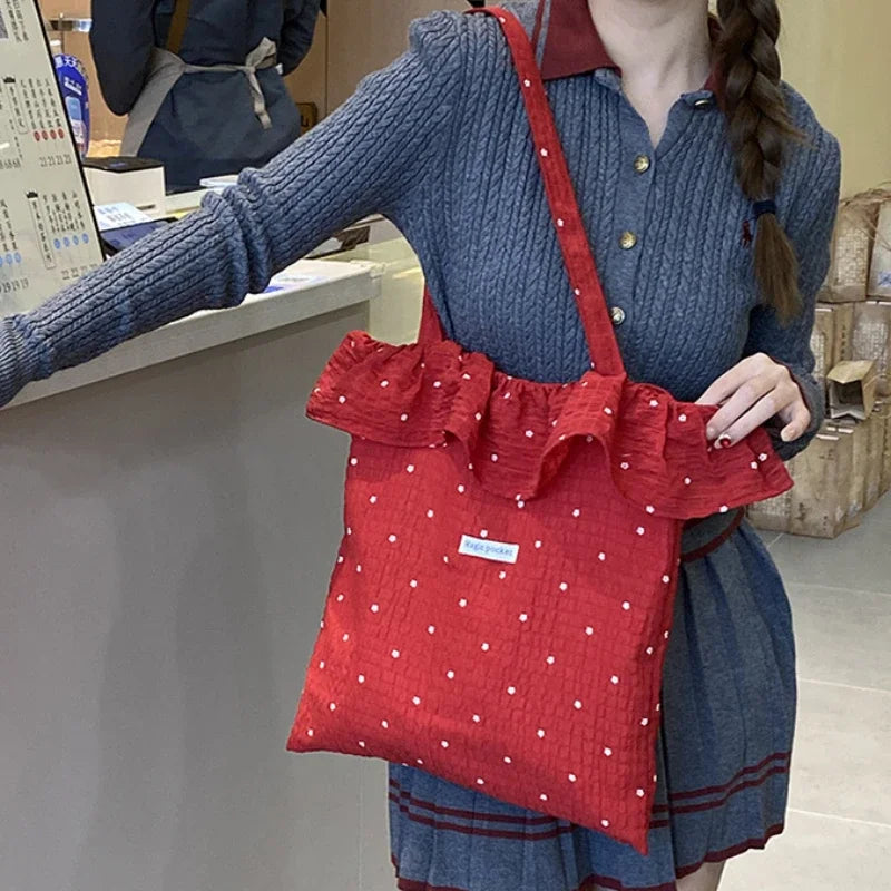 Sweet Dot Chiffon Ruffle Shoulder Bags for Women Travel Portable Ladies Shopping Bag Purse Beach Commute Female Handbags Tote