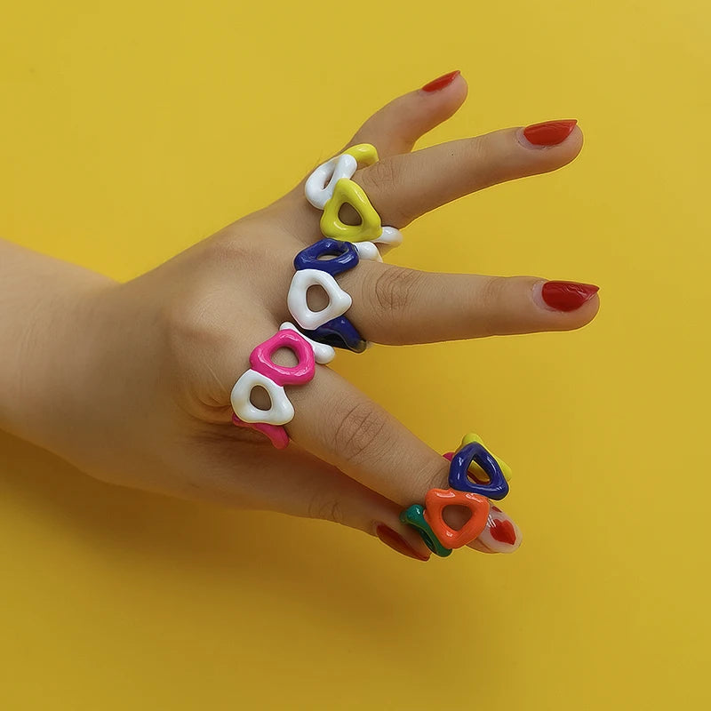 INS Trendy Y2K Colorful Handmade Oil Drop Rings Finger Jewelry Cute Color Hollow Out Enamel Ring for Women Girls