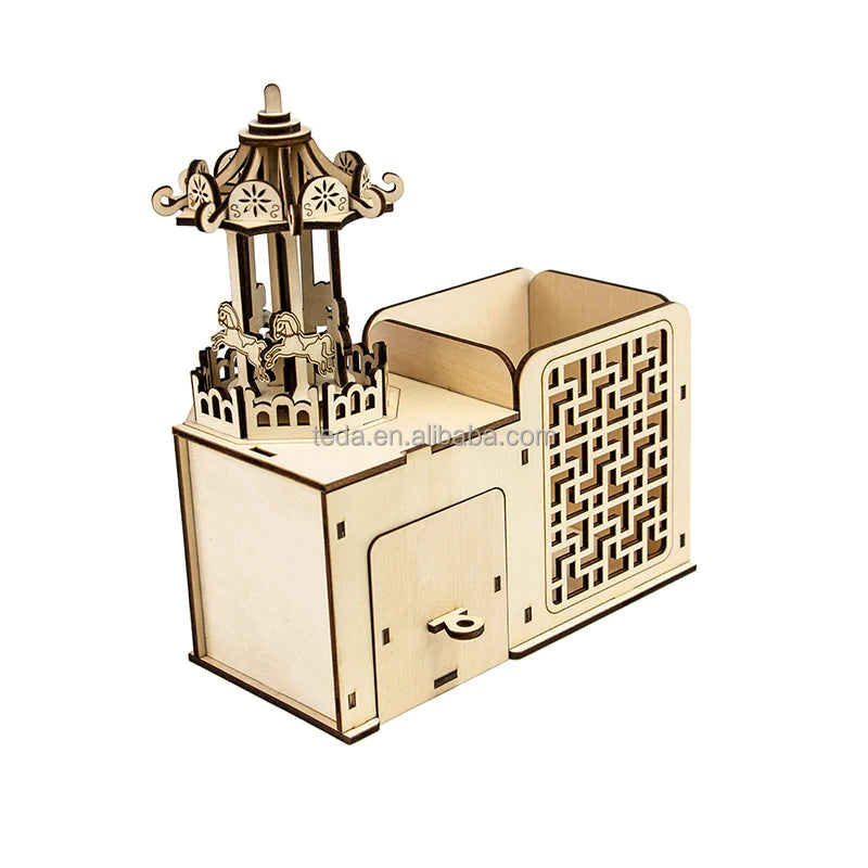 New Style Wooden Puzzle Manual Assembling Model Toy Music Box Adult Diy Spelling Blocks Creative Gift Pen Holder