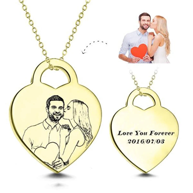 Fine Polished Stainless Steel Heart Pendant Classic Couple Necklaces with Laser Engraved Name and Picture Jewelry Gifts