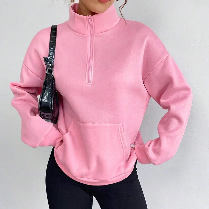 F230485 Women's Half Zip Pullover Sweatshirt Quarter Zip Oversized Fleece Lapel Sweatshirt Turtleneck Casual Women's Sweatshirt