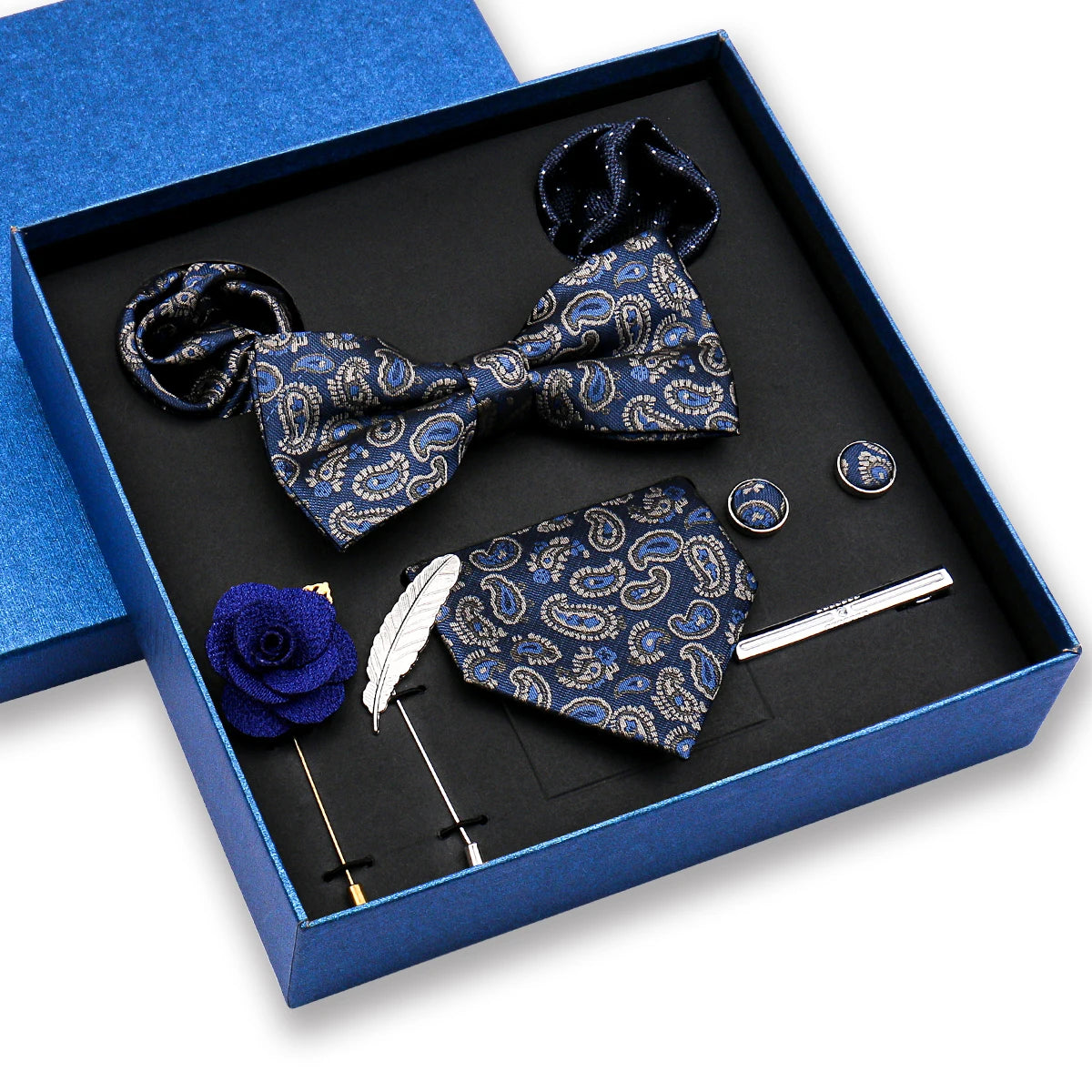 Men's 8-Pc Set Polyester Jacquard Ties Pocket Square Cuff Links Butterfly Bowtie Paisley Design Silk Hankies Striped Logo