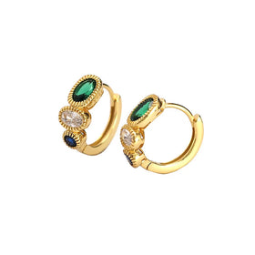 Fashion Luxury Women Colorful Large Stone Diamond Accessories Vintage Green Blue Cubic Zirconia Hoop Earrings 925 Silver