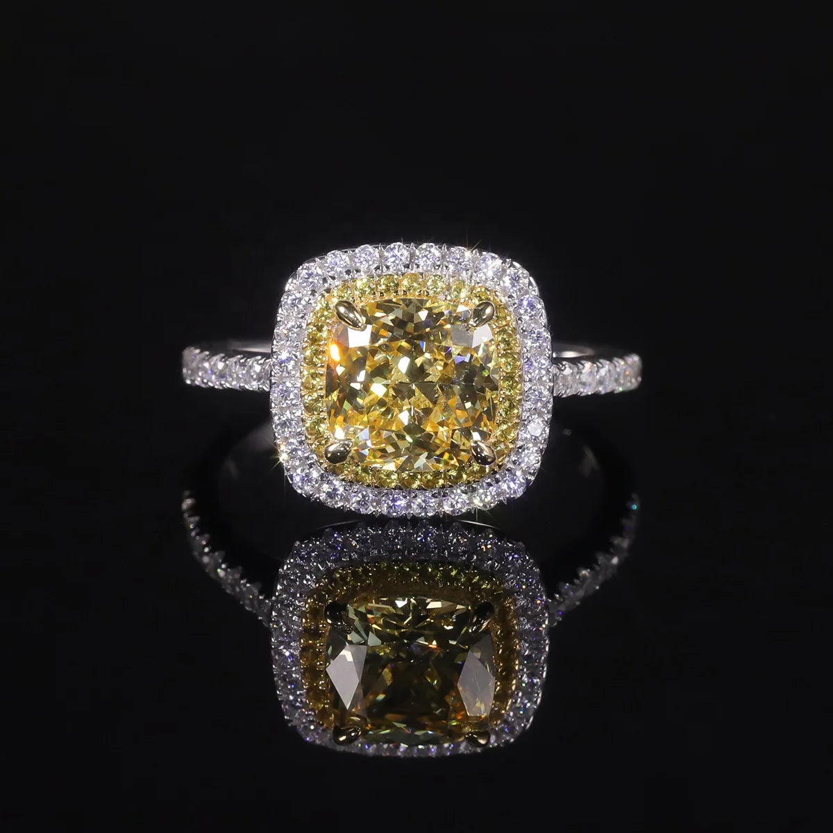 AR126 Abiding Cushion Cut 8x8MM Diamond-fire Fancy Vivid Yellow Cubic Zirconia Stone 925 Sterling Silver Halo Ring