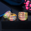 Geometric Endless Circle Round Rainbow Red Blue Cubic Zirconia Stone 18k Gold Plated Hoop Earrings Ring Jewelry Set Women Gift