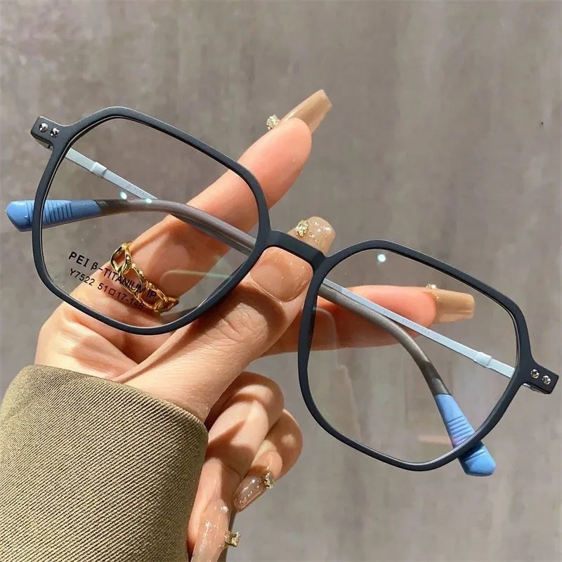 Ins Style Color Stitching Polygon Thin TR90 Semi-Titanium Temple Square Eyeglasses Ultra Light Anti-Blue Light Unisex Eyewear