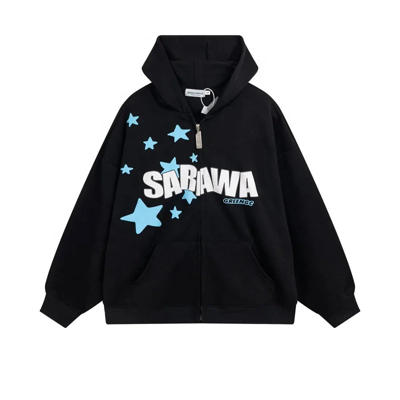 Customized Design Men's Hoodie 500GSM Full Zip-up 100% Cotton Winter Knitted Puff Print Jacket Anti-Shrink Solid Pattern