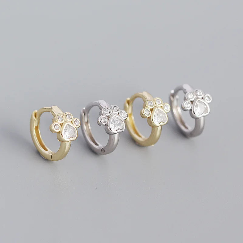 Luxury Design Good Quality Trendy Pure 925 Sterling Silver White Gold Diamond Small Hoop Cute Dog Cat Paw Women Earrings