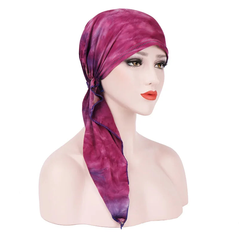 New Tie Dyed Curved Flower Cloth Hat Muslim Headband Scarf Pure Cotton Double Sided Pullover in Stock