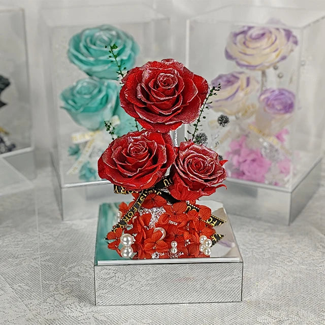 Cube Shape Acrylic Preserved Flower Box  Forever Roses Preserved Flower for  Valentine's Day Mother's Day   House Decoration