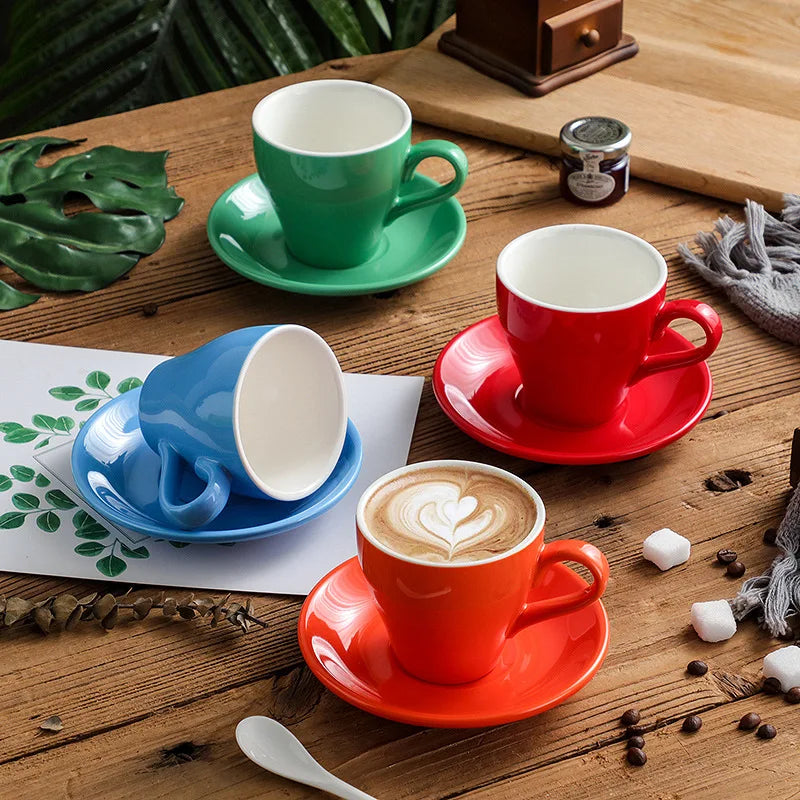 Colorful Porcelain Tea Cups & Saucers Set Cappuccino Espresso Capacity Options Ceramic Coffee Mugs for Daily Use