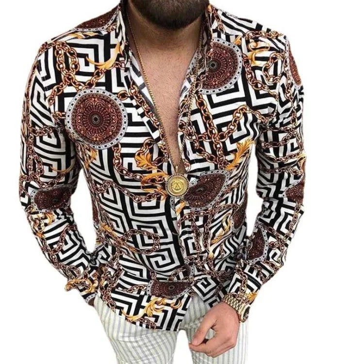 European American Men Shirts Fashion Print Casual Shirt Single-Breasted Cardigan Long Sleeve Men Shirt