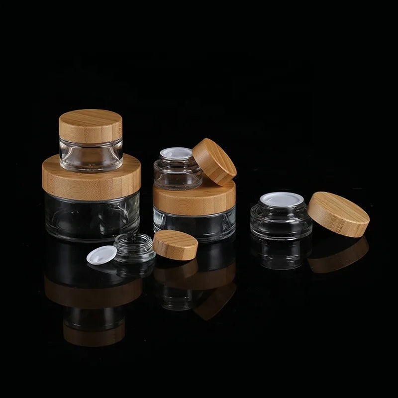 Environmental 15g Small Empty Cosmetic Face Cream Jar Container Frosted Clear Glass Skin Care Jar With Bamboo Lids