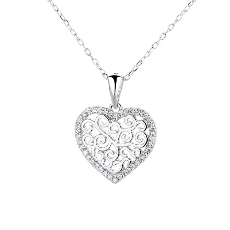 Real Silver 925 Heart Pendant Necklace in Hollow Vines Design Charm Jewelry for Women