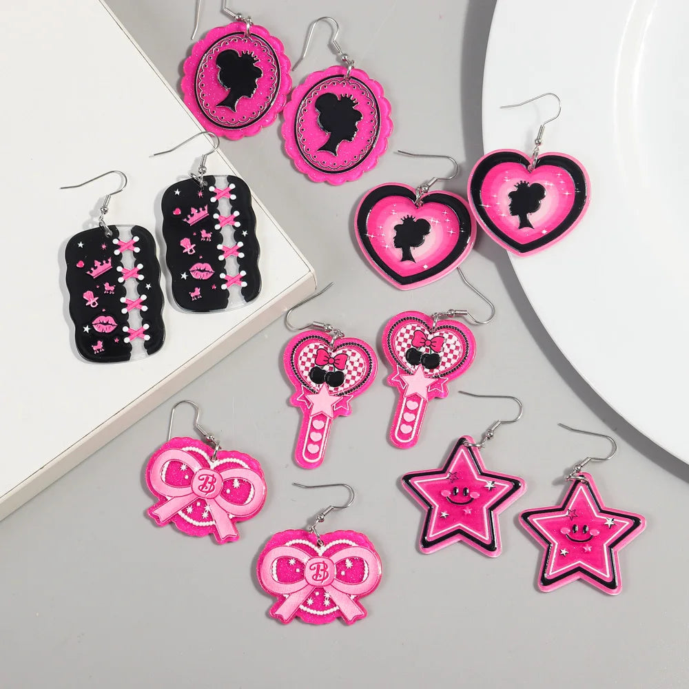 Movie Accessories Anime Princess Heart Mirror Crown Stars Cute Best Selling Cartoon Bow Girly Jewelry Acrylic Pink  Drop Earring