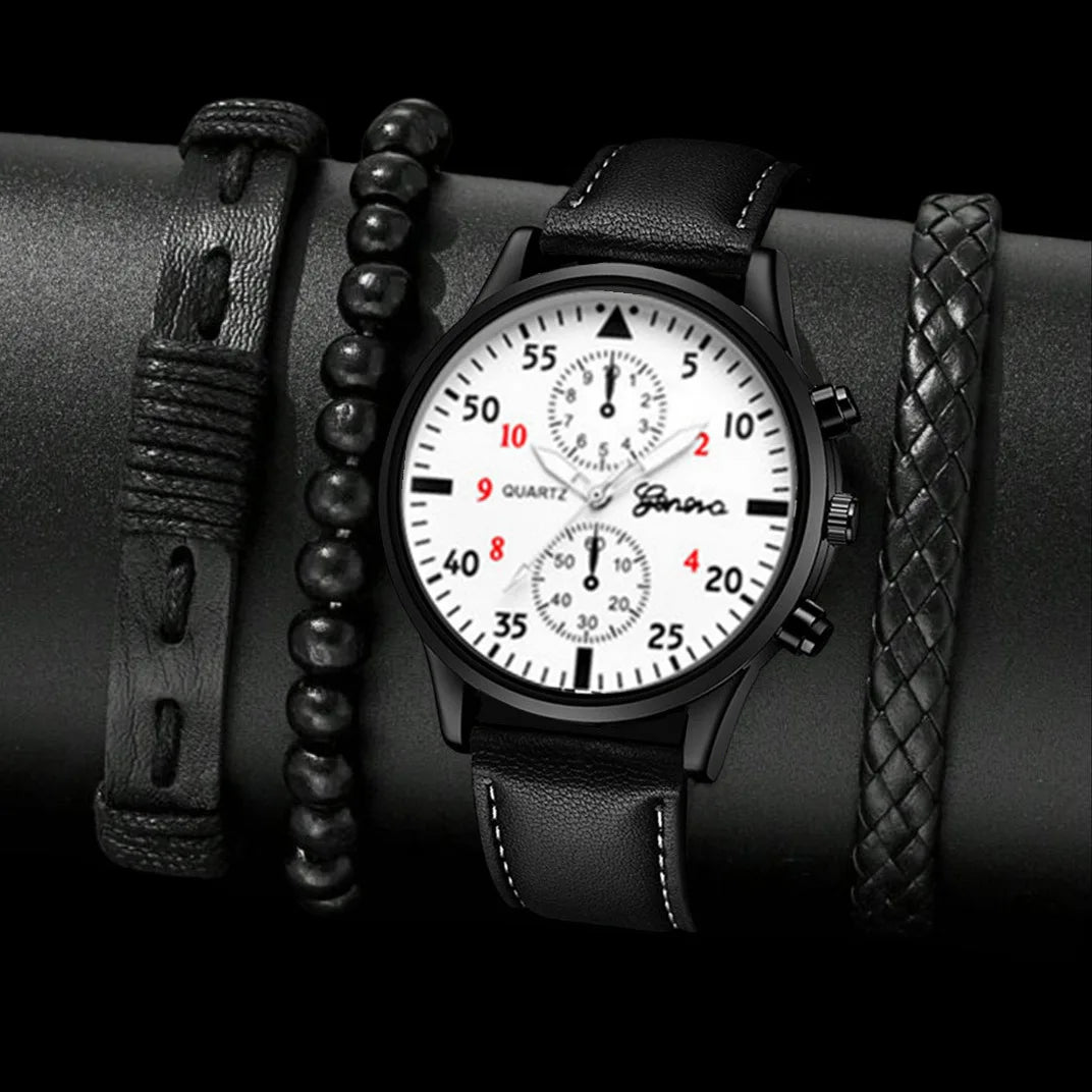4pcs/Set Men's Watch Set Fashion Black Casual Business Men Quartz Watch Fashion Casual Bracelet Watch Set