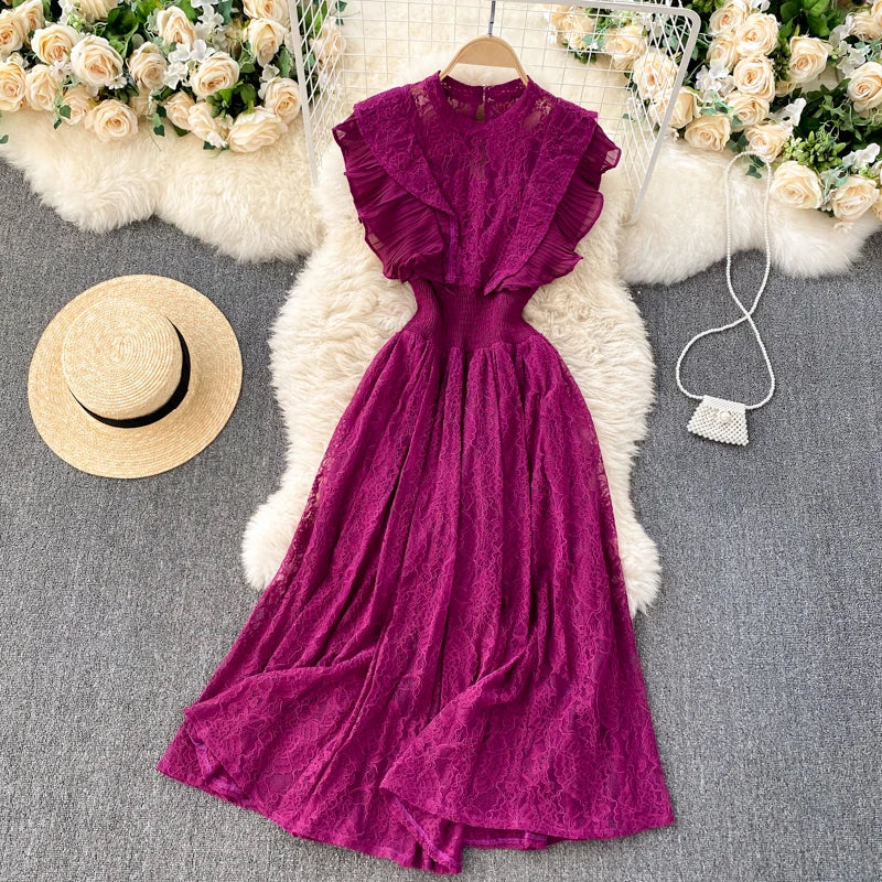 Full Sleeve O-Neck Solid Pleated Dress Draped Lace High Waist Midi Dress Ladies Elegant Dresses Clothes Women Wholesale