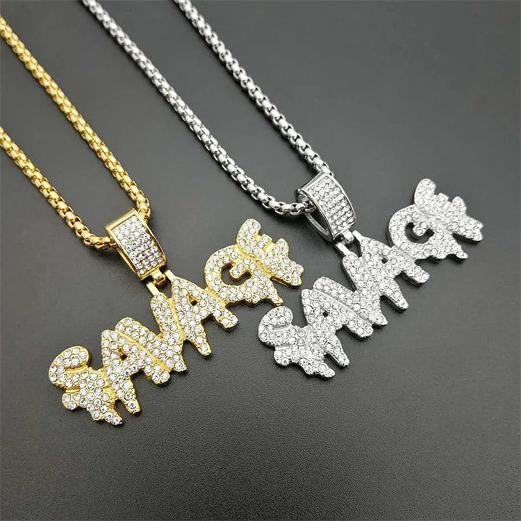 Hip Hops Never Fade Jewelry Stainless Steel Rhinestone Diamond Necklace Custom Letter SAVAGE Pendant Necklace