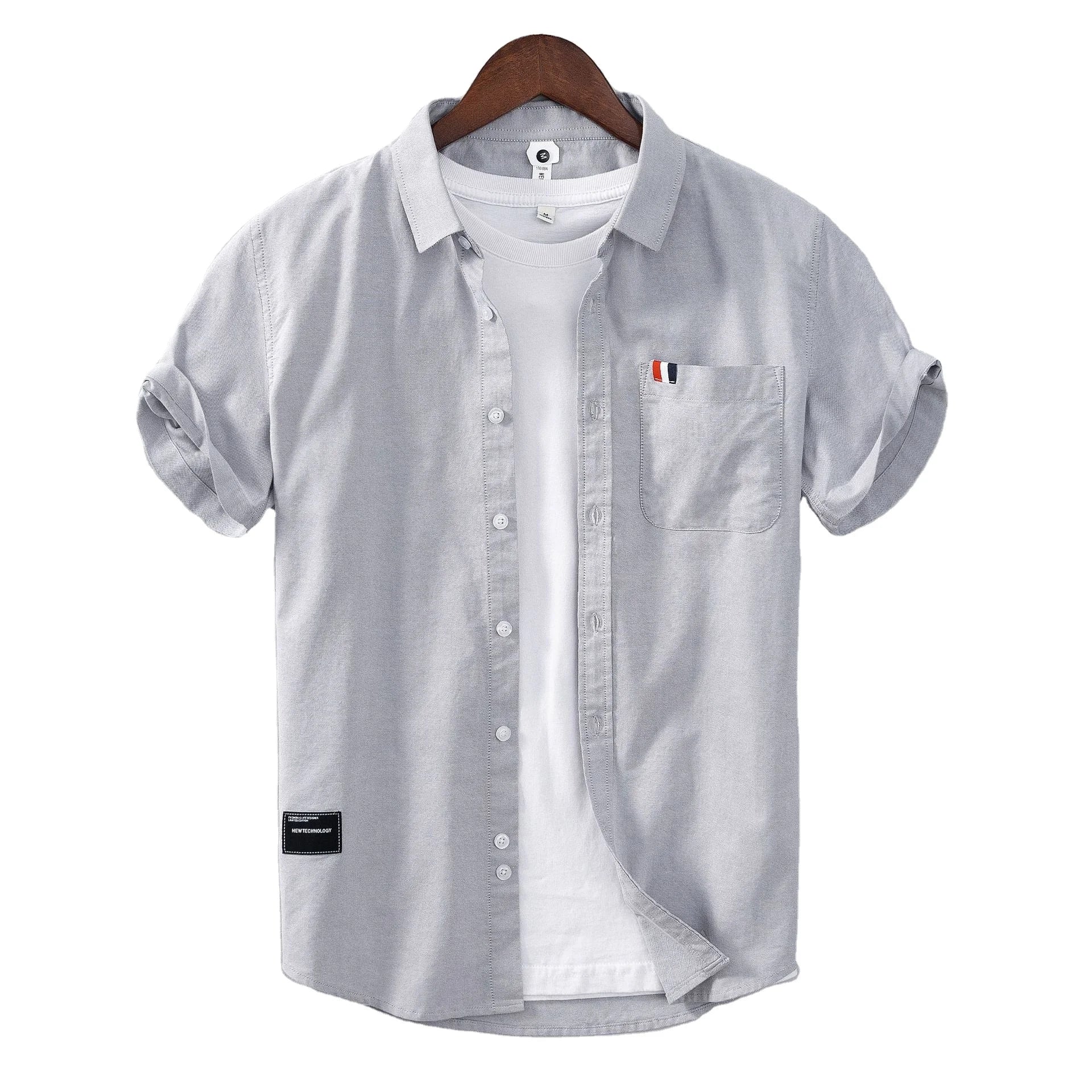RNSHANGER Men's Casual Summer Short Sleeve Breathable Cotton Linen Broadcloth Fabric Turn-down Collar Single Breasted Solid