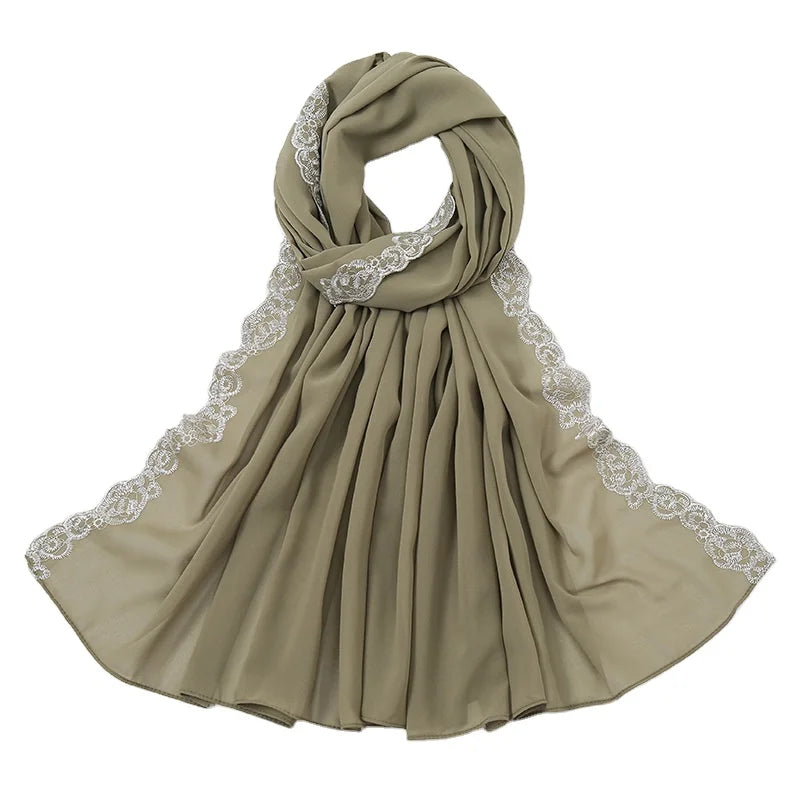 2022 New Autumn Embroidered Lace Edge Shawl Malaysia Tudung Muslim Bubble Pearl Chiffon Scarf Woman Hijab Wrap for Spring