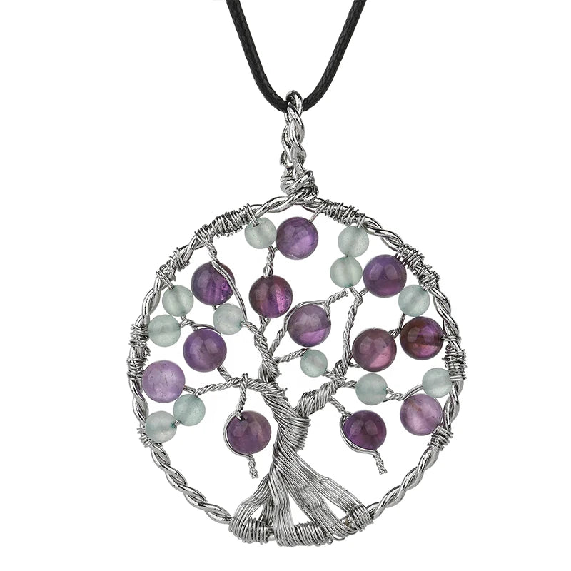 Natural Tree of Life  Crystal Pendant Healing Round Beads Copper Wrap Wire Chakra Pendant for Jewelry Making Home Decor