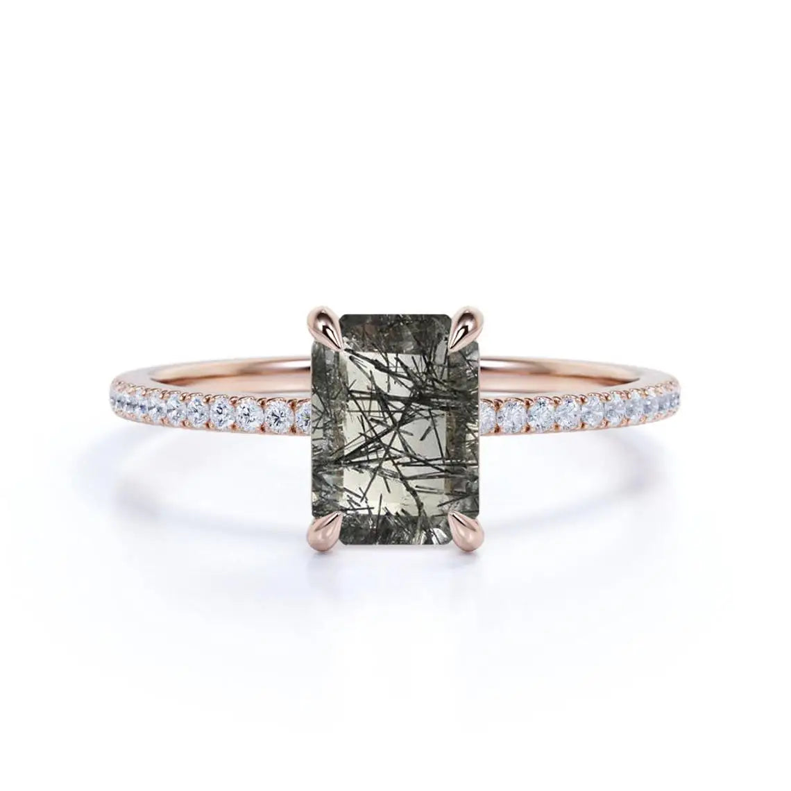 Natural Black Rutilated Quartz Wholesale Jewelry 925 Sterling Silver Emerald Cut Engagement Wedding Ring