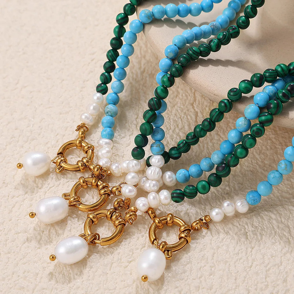 18k Gold Plated Stainless Steel Necklace Turquoise Beaded Necklace Freshwater Pearl Pendant Necklace