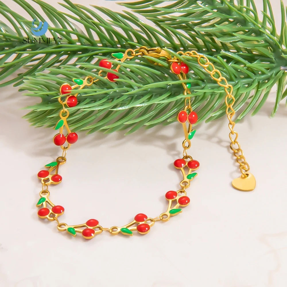 SUMMLY Trend Wholesale Personalized 18K Gold Plated Stainless Steel Cherry Charms Bracelet Fashion Jewelry Manufacturer