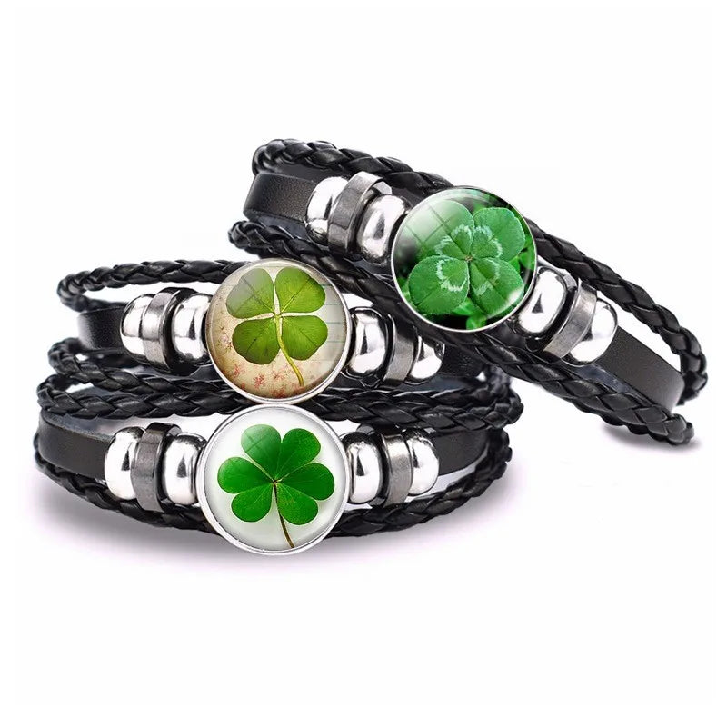 Four-leaf Clover Bracelet Glass Cabochon Snap Fastener Black Bangle Clover Handmade Leather Woven Bracelet Men