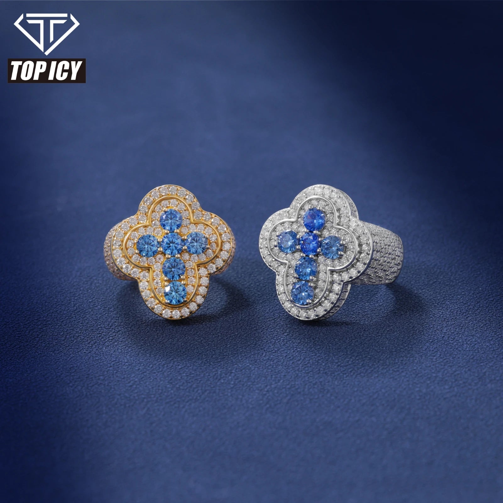 New Design Rappers Cross Moissanite Diamond Blue CZ Rings 925 Sterling Silver Pass Test Jewelry Gift Wholesale Geometric Ring