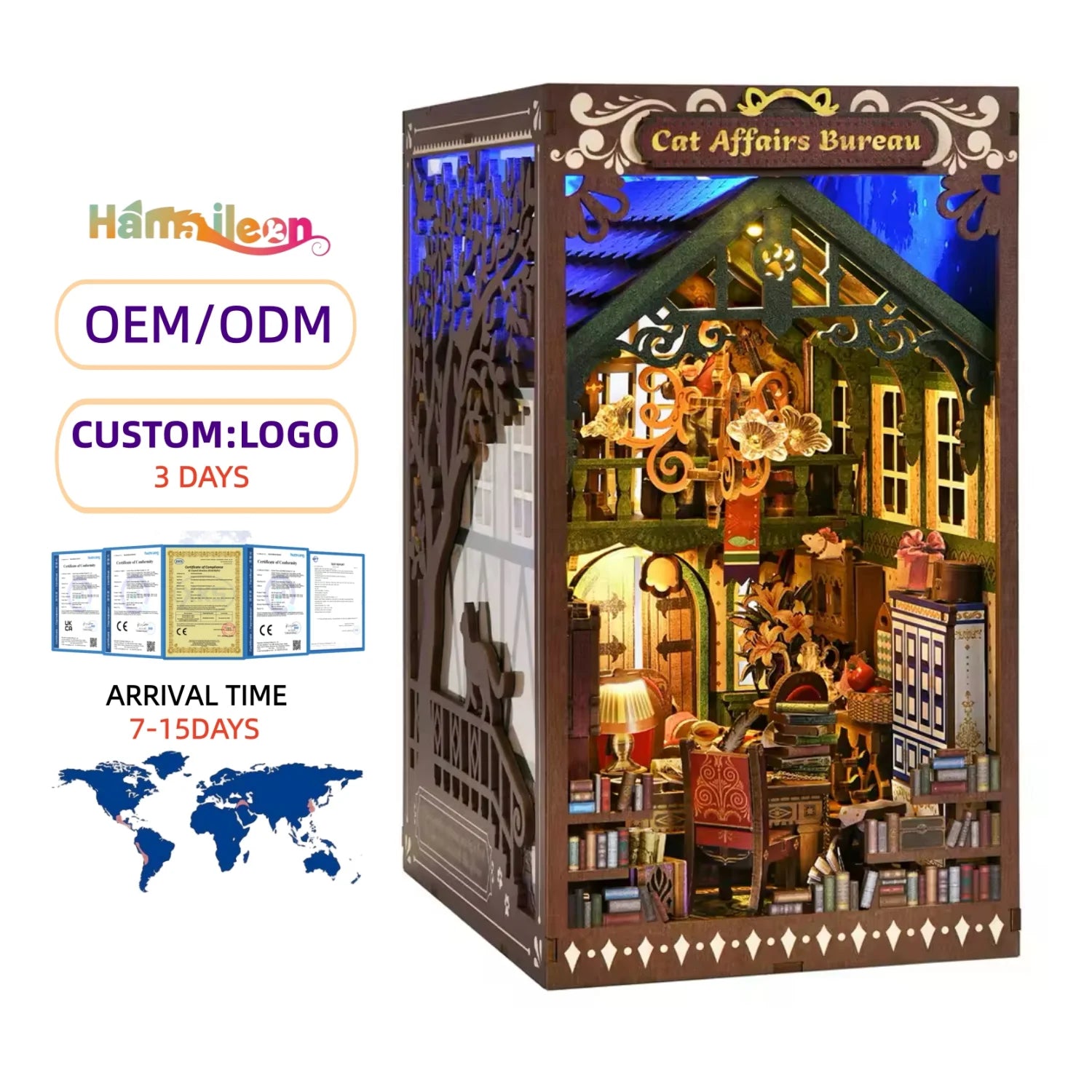 Hamaileon SL09 Cat Affairs Bureau Bookends 3D Book Nook Kit Decorative Puzzle DIY Book Nook with Dust Cover