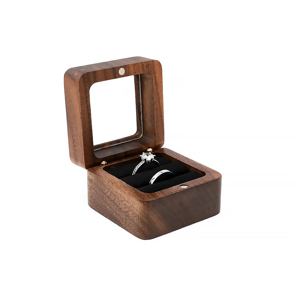 Natural Wood Ring Packaging Box with Square Clear Lid for Jewelry Display