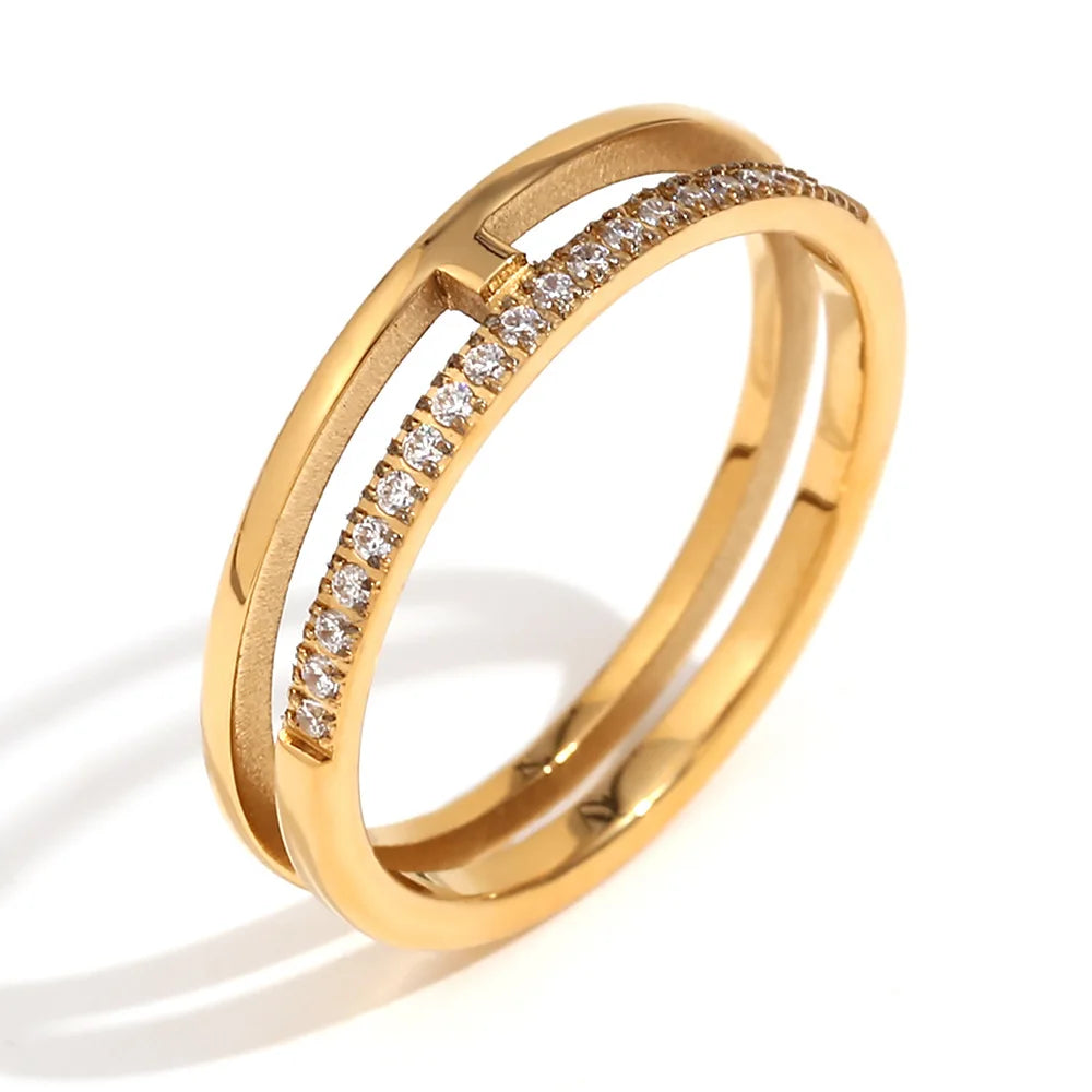 Customized Jewelry Dainty Stainless Steel 18K Gold Plating Simple Double Layer Row Diamond Ring Women Hypoallergenic