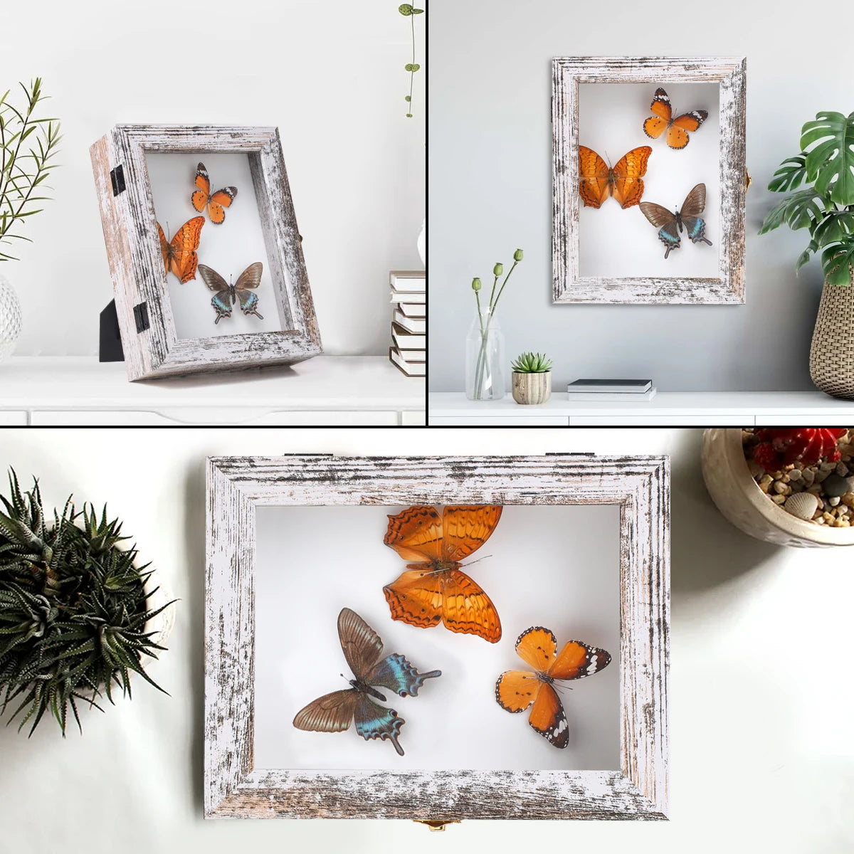 Rustic White Butterfly & Flower Frame Wood Photo Frame with 3 Pins Eco-Friendly Handmade Shadow Box 7.2x9.2 Inch