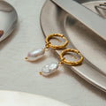 J&D Custom Vintage Stainless Steel 18K Gold Plated Fancy Freshwater Pearl Huggie Hoop Earrings