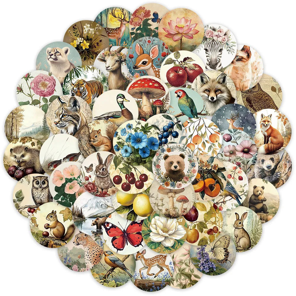 50Pcs Retro Animals Plants Illustrated Handbook Stickers for Kids Book Bottle Decor Animal Badge Sticker