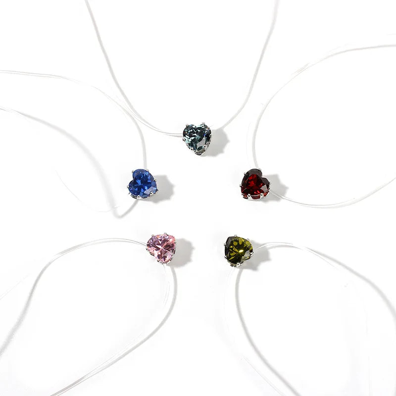Transparent Fish Line Necklace Female Clavicle Chain Invisible Heart Zircon Pendant Necklace for Women