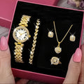 2026 Fashion Luxury Full Crystal 5 Pcs Watch Set Diamond Necklace Earrings Bracelet Ring Jewelry Set for Women Gift