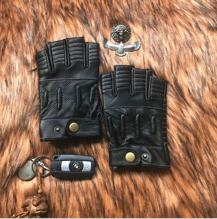 Motorcycle Driving Leather Gloves for Men and Women Half Finger Motorcycle Sheepskin Glove Vintage Wear Resistant Skid