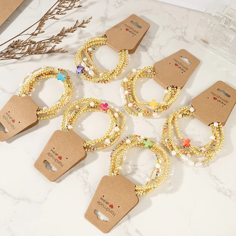 Go2boho 5pcs Summer Bohemian Fashion Jewelry Sets Delicate Gold Plated Banle Bracelets for Women Coloful Glass Beads Party Gifts