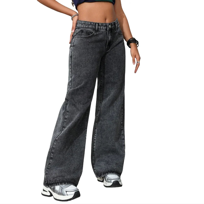 Women's Casual Mid-Waisted Baggy Denim Jeans Breathable Straight Long Pants with Wide Leg Regular Fit and Washable Weave