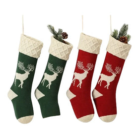 SAILING Big Size 18-Inch Extra Long Hand-Knitted Red/Green Reindeer 100% Acrylic Eco-Friendly Breathable Christmas Stockings