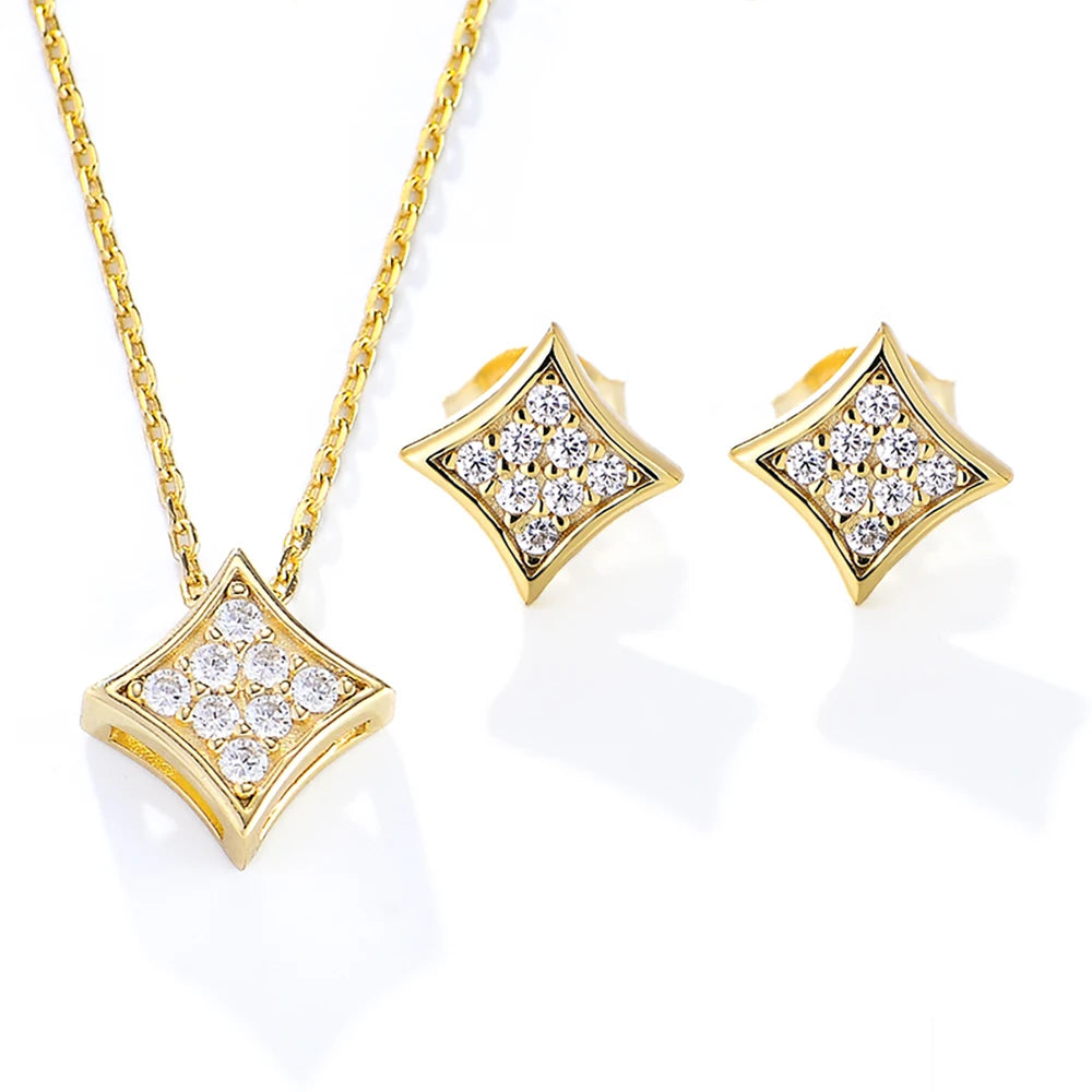 Fashion Fine Jewelry Silver 925 Sterling Gold Plated Bling Zircon Stud Earrings Necklace Jewelry Set