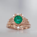 14k Rose Gold Plate Leaves Ring Nature Inspired Fantasy Engagement Ring Emerald Rose Gold Engagement Ring