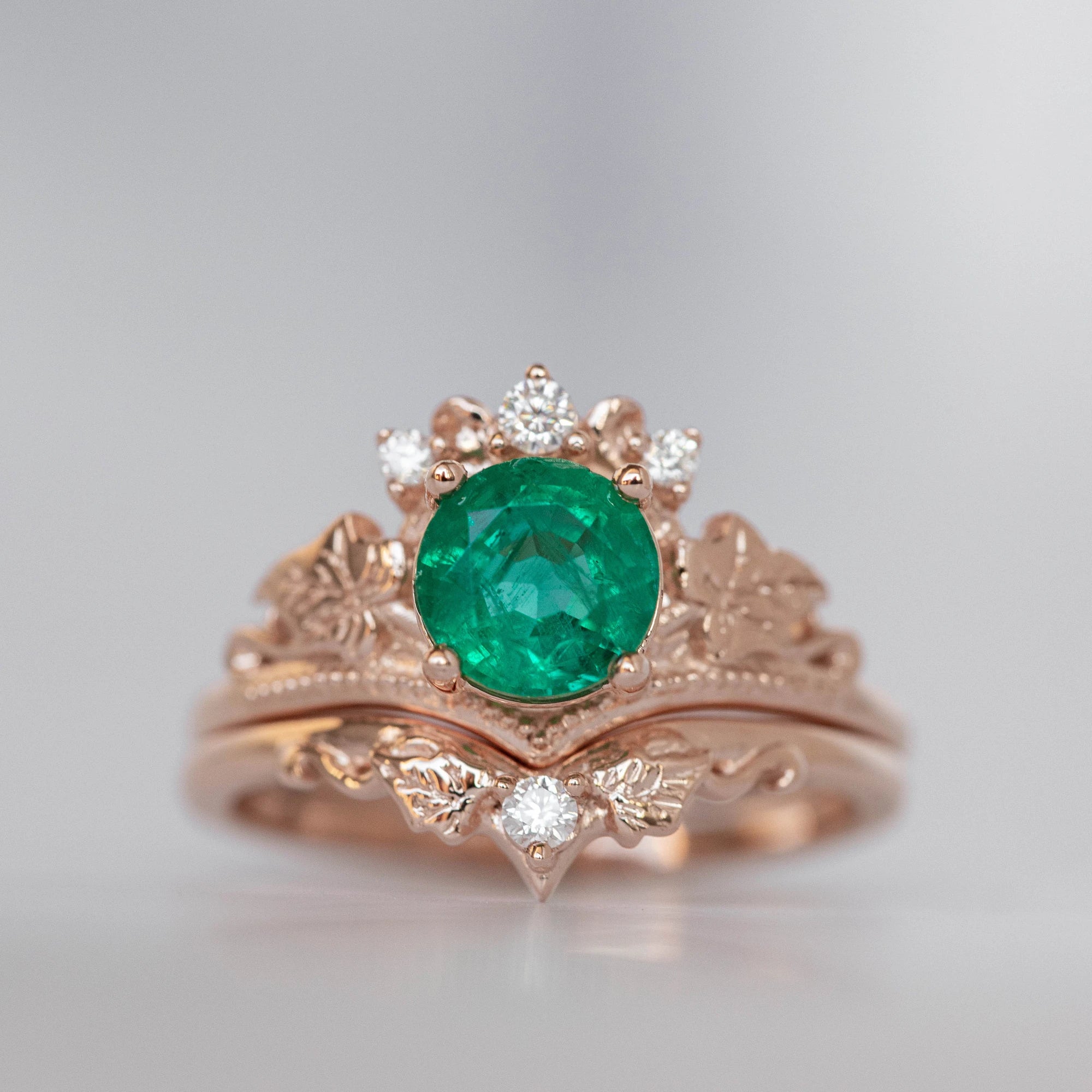 14k Rose Gold Plate Leaves Ring Nature Inspired Fantasy Engagement Ring Emerald Rose Gold Engagement Ring