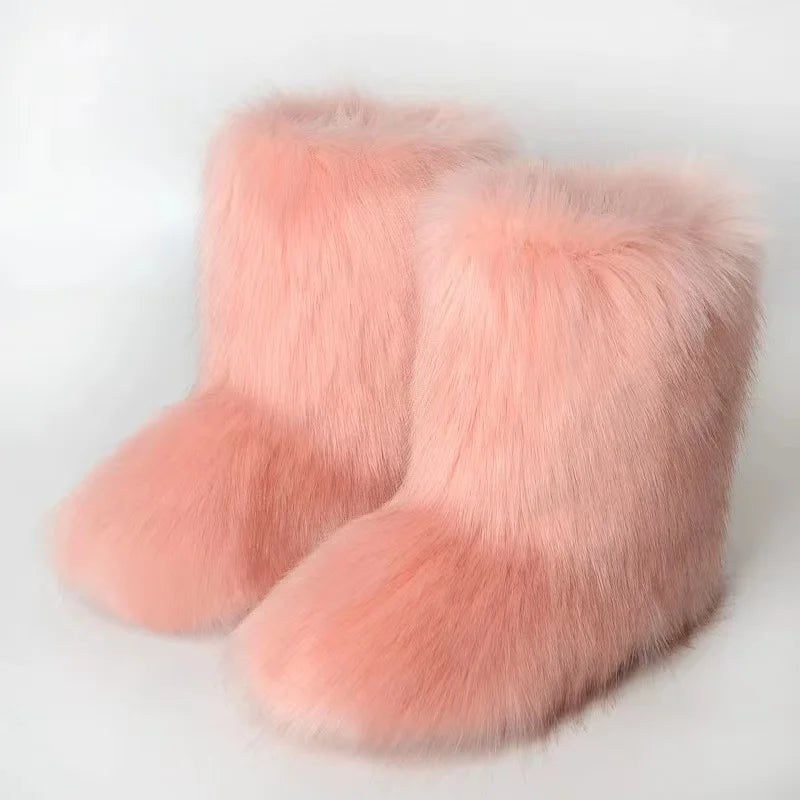 Winter Warm Adult Faux Fur Snow Cute Flat Mid-leg Boots Women Ankle Boots Fluffy Non Slip Faux Fur Plush Girls Boots