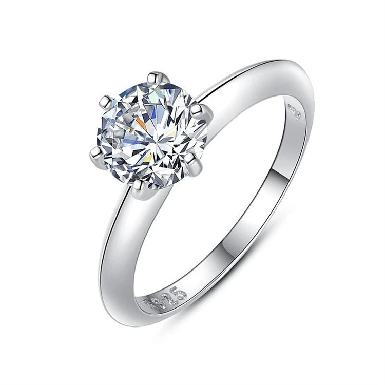 Luxury 925 Sterling Silver Simulation Diamond Women Classic Six-claw Ring