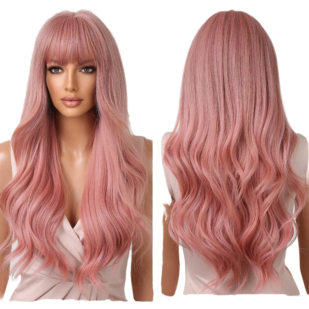 Light Pink Synthetic Wig for Women Long Body Wave with Bangs Heat Resistant Fiber High Quality-Factory Outlet